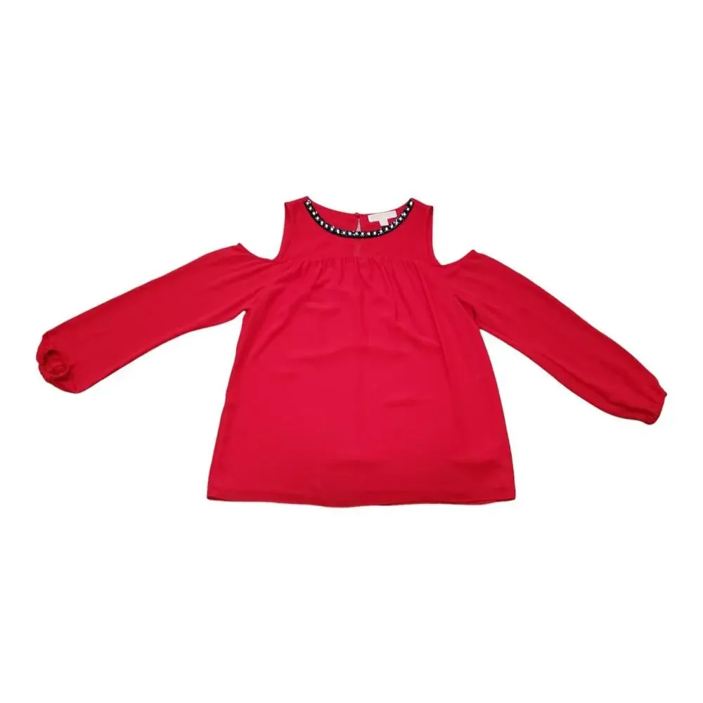Michael Kors Red Long Sleeve Cold Shoulder Beaded Crew Neck Blouse Shirt Top